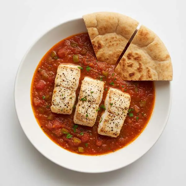 Baharat Spiced Fish Stew With Whole Wheat Pita